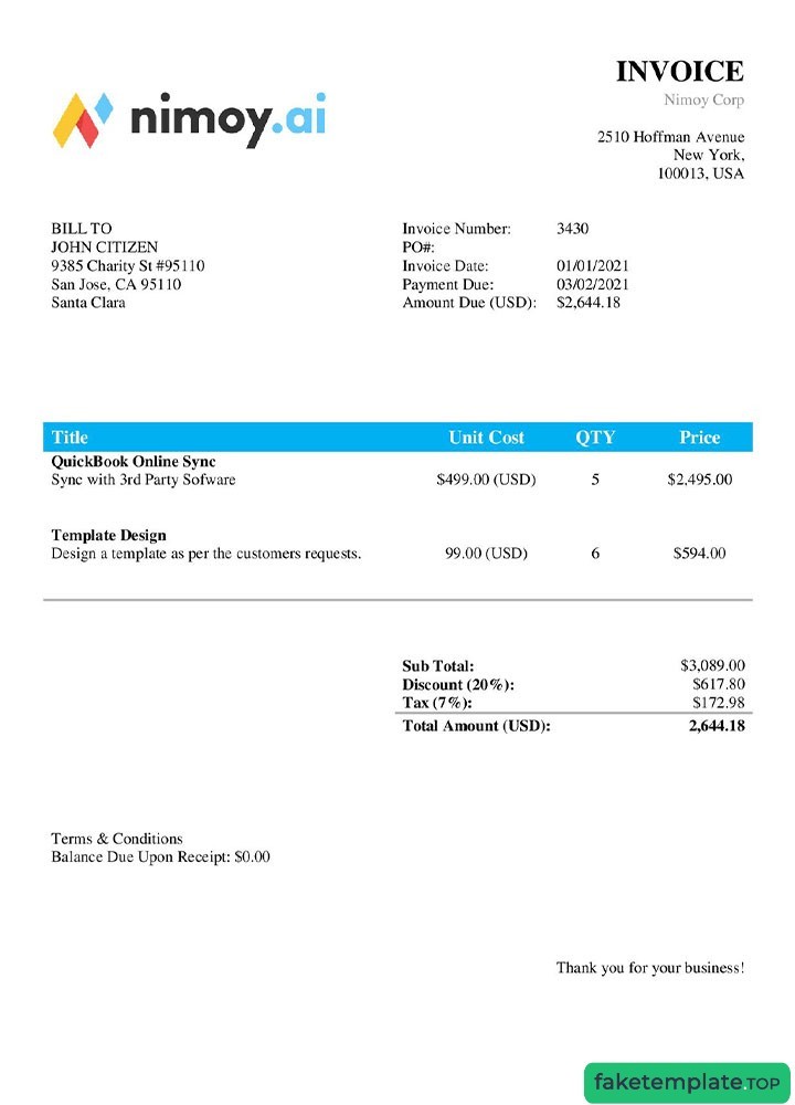 Feature of fake USA Nimoy Corp invoice example